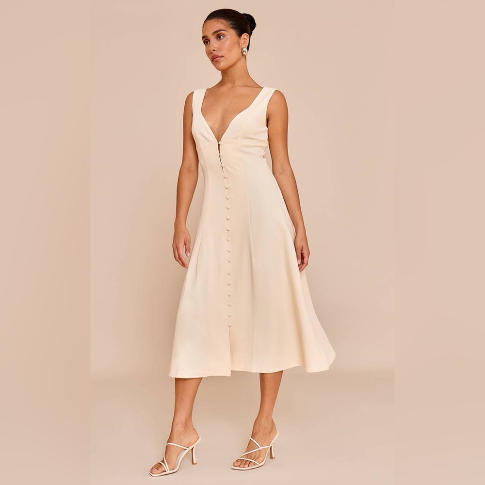 PrettyLittleThing Cream Midi Dress with Button Front